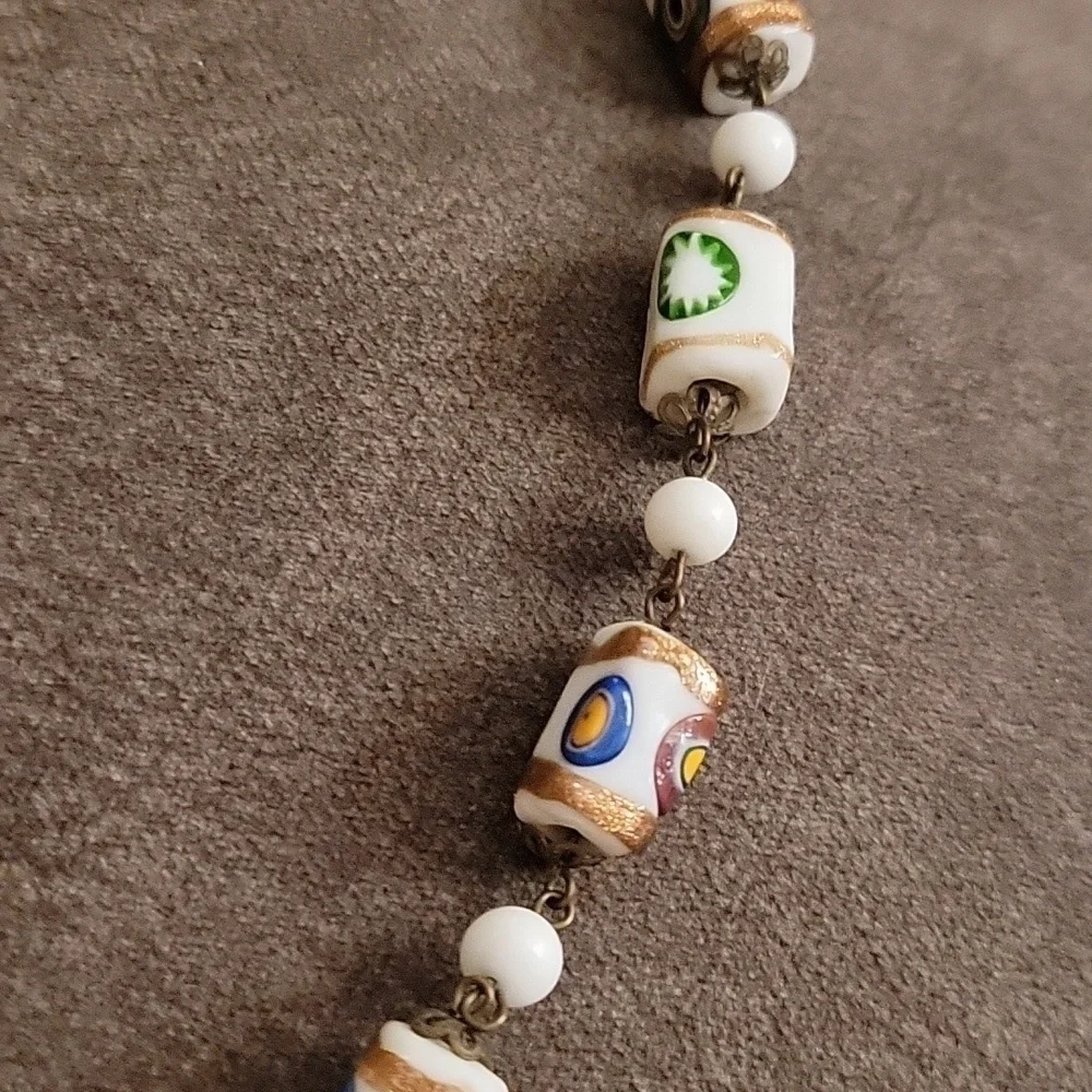 Estate Art Deco Venetian Milk Glass Beaded Necklace Clip-on Earrings Set